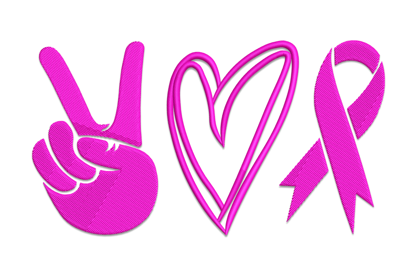 Peace Love Cure awareness embroidery design, stacked lettering with ribbon heart, 3 colours, 4 sizes from 2.48 to 4.13 inches wide