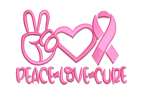 Peace Love Cure embroidery design showing peace sign hand, heart outline and pink ribbon icons with cursive text in pink