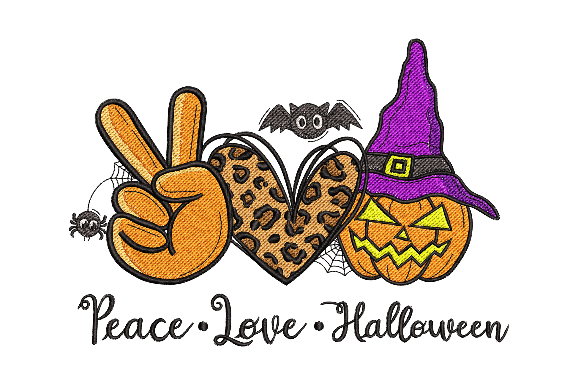 Peace Love Halloween embroidery design with peace hand, leopard heart, witch hat pumpkin and cursive script, 10-color machine embroidery