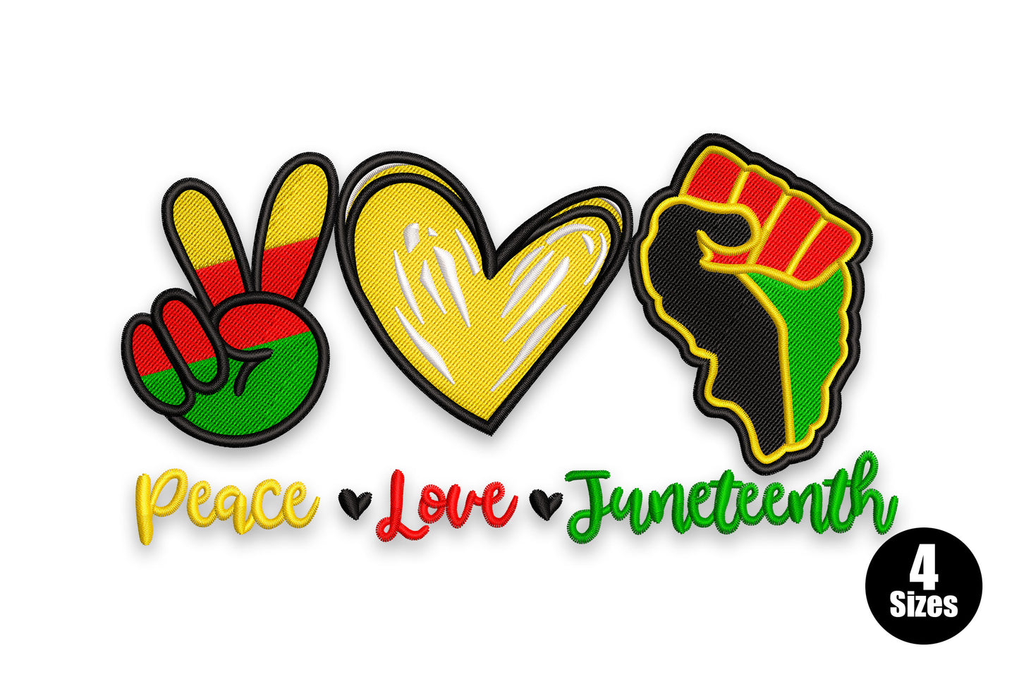 Peace Love Juneteenth embroidery, peace hand plus heart plus raised fist icons in red yellow green with black badge borders.