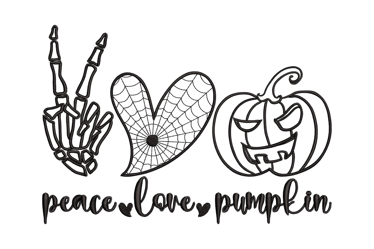 Three Halloween icons embroidery: skeleton peace hand, spiderweb heart, jack-o-lantern, with cursive peace love pumpkin below.