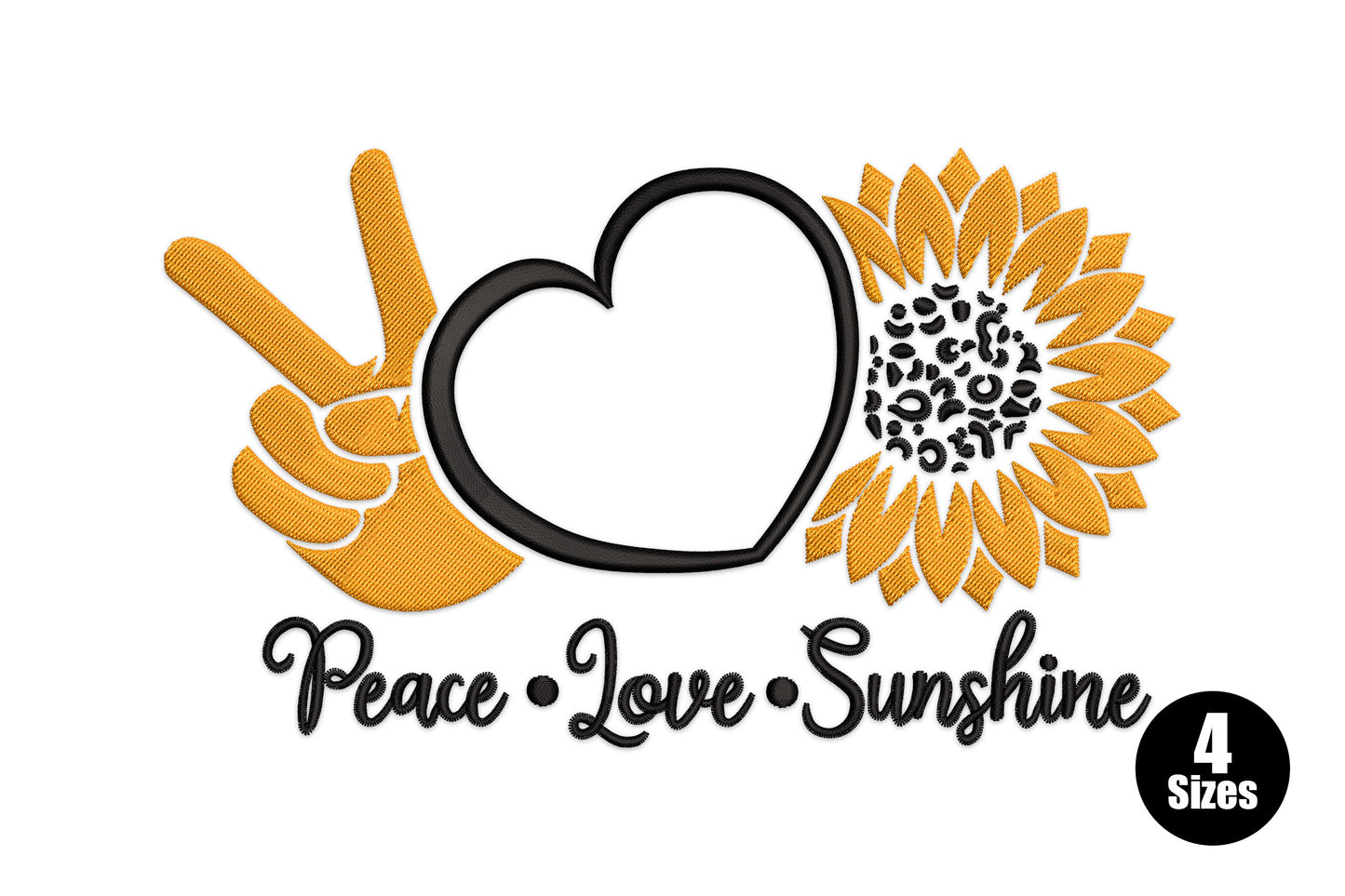 Peace love sunshine machine embroidery design with orange peace hand, open heart outline, leopard print sunflower, and cursive script lettering