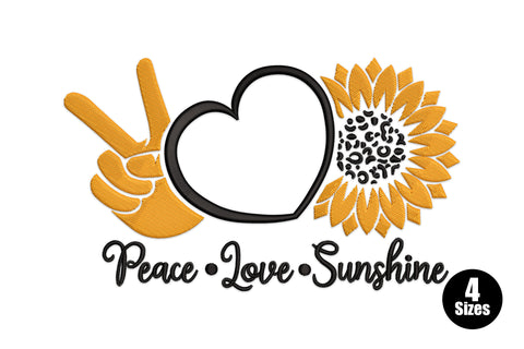 Peace love sunshine machine embroidery design with orange peace hand, open heart outline, leopard print sunflower, and cursive script lettering