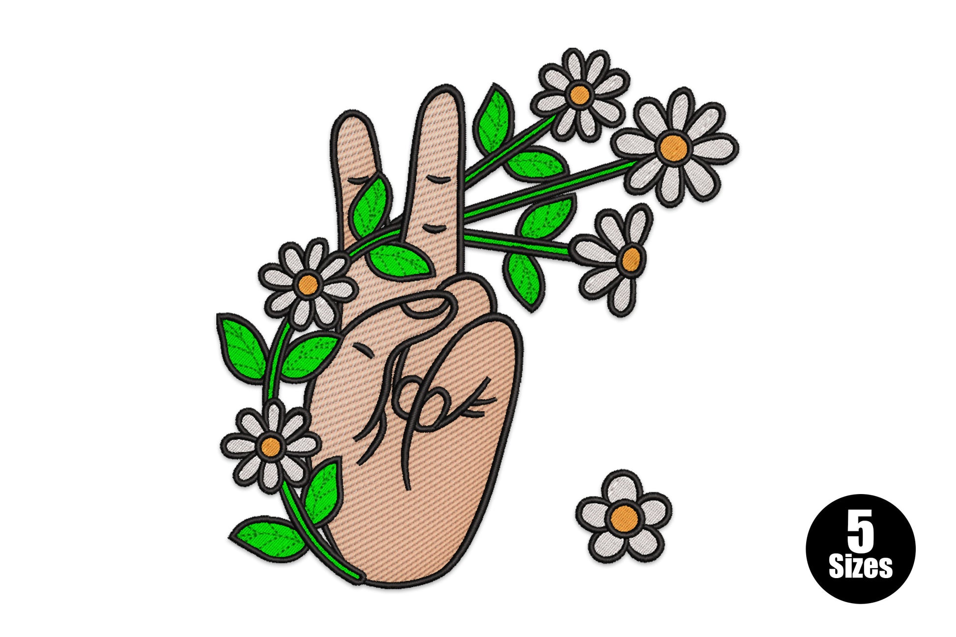 Peace sign hand embroidery design with white daisy flowers and green stems wrapping around the fingers on a peach hand.