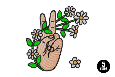 Peace sign hand embroidery design with white daisy flowers and green stems wrapping around the fingers on a peach hand.