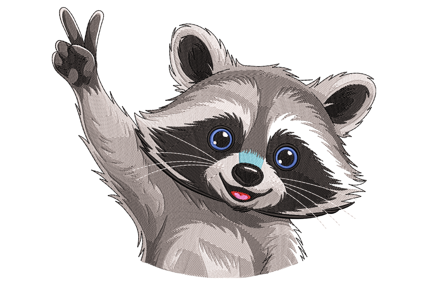 Cartoon raccoon embroidery flashing peace sign with classic black bandit eye mask, bright blue eyes and pink tongue, dense grey crosshatch fur shading