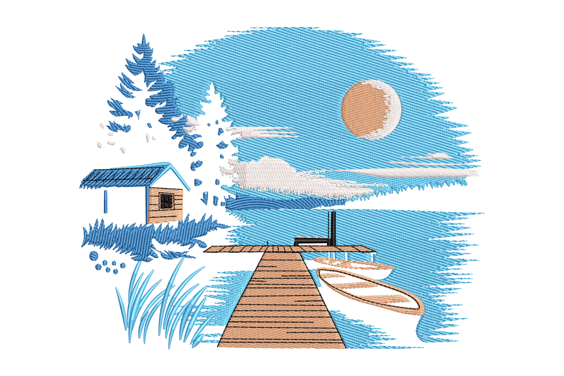 Peaceful lake cabin embroidery landscape with pine trees, still water reflection and warm cabin in folk art scenic style