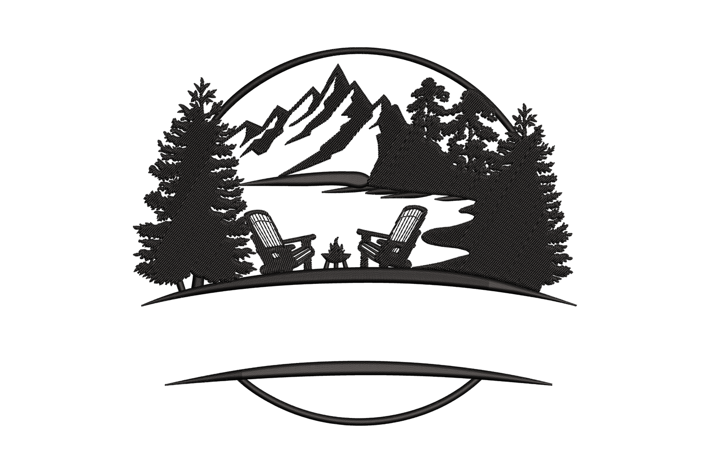 Black satin embroidery badge with mountain peaks, lake, pine trees, campfire and two Adirondack chairs in circular frame