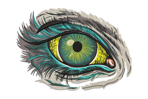 Peacock feather eye embroidery design, teal aqua iris with yellow-green pupil and grey feather lashes, 19 colors, 9 sizes