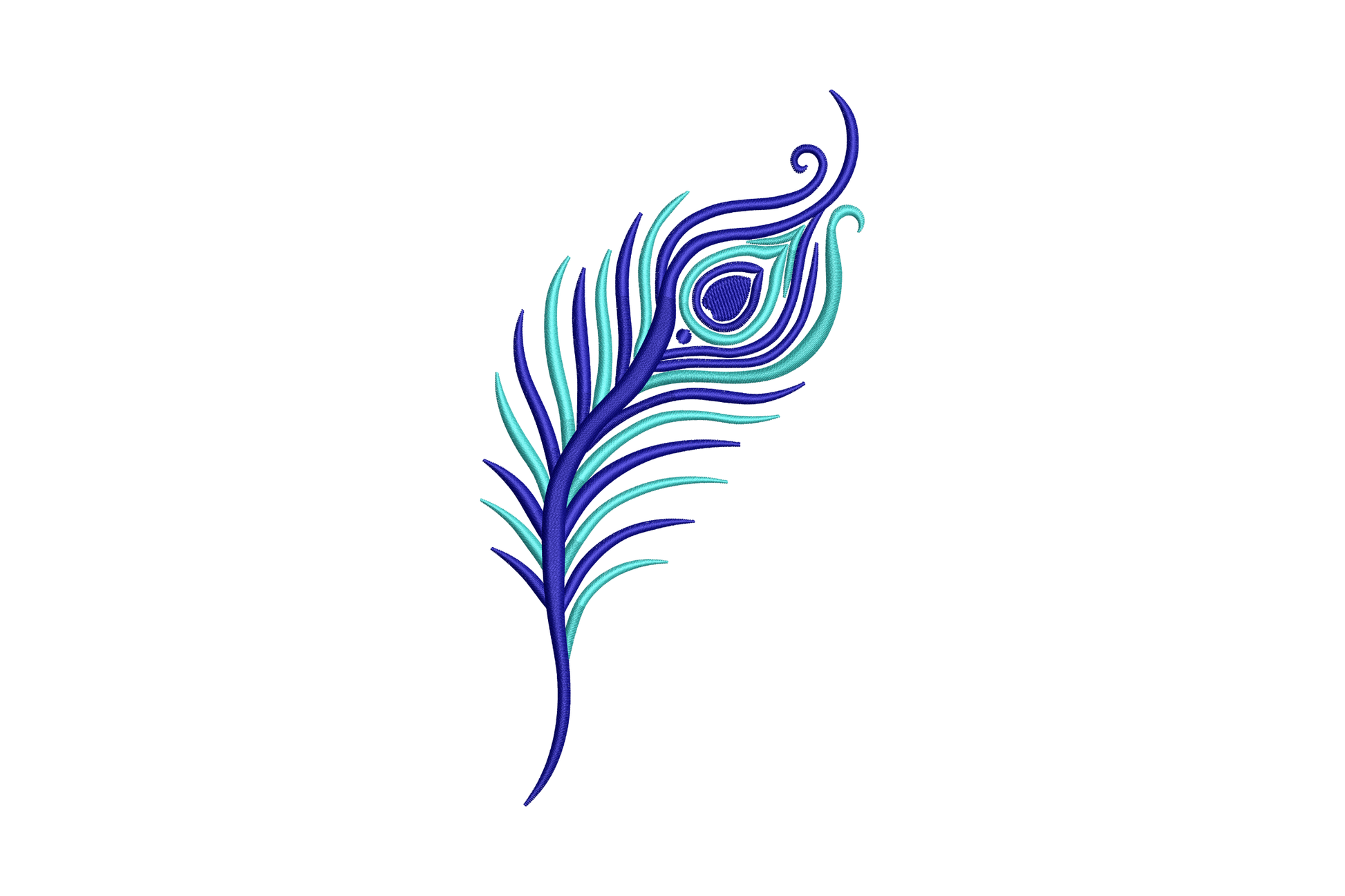Peacock feather embroidery in aqua and navy, diagonal vane with curled tip, satin barb outlines and ringed eye.