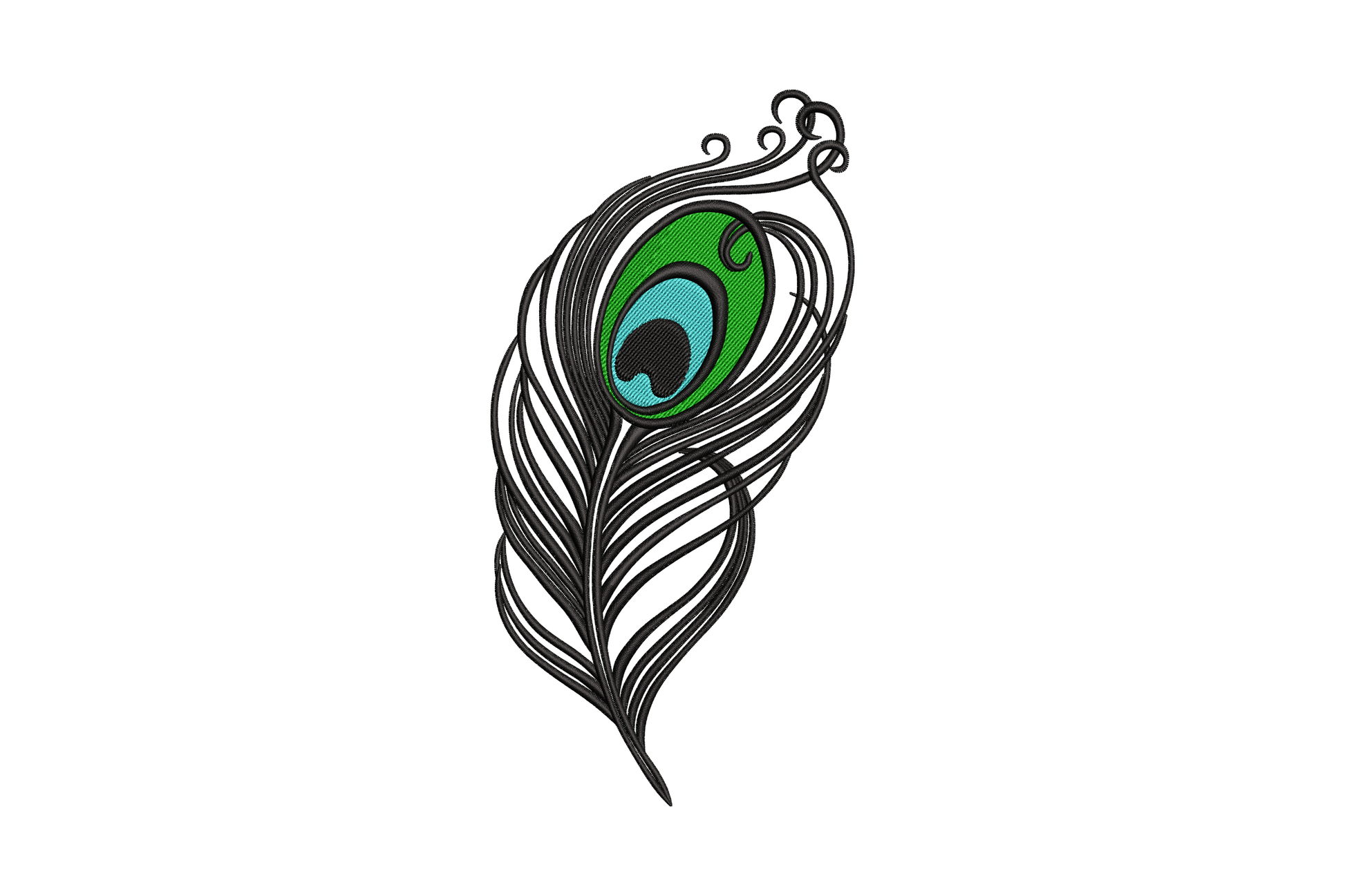 Peacock feather swirl embroidery design with dark green and aqua eye sitting above stacked black scrollwork plumage curves.