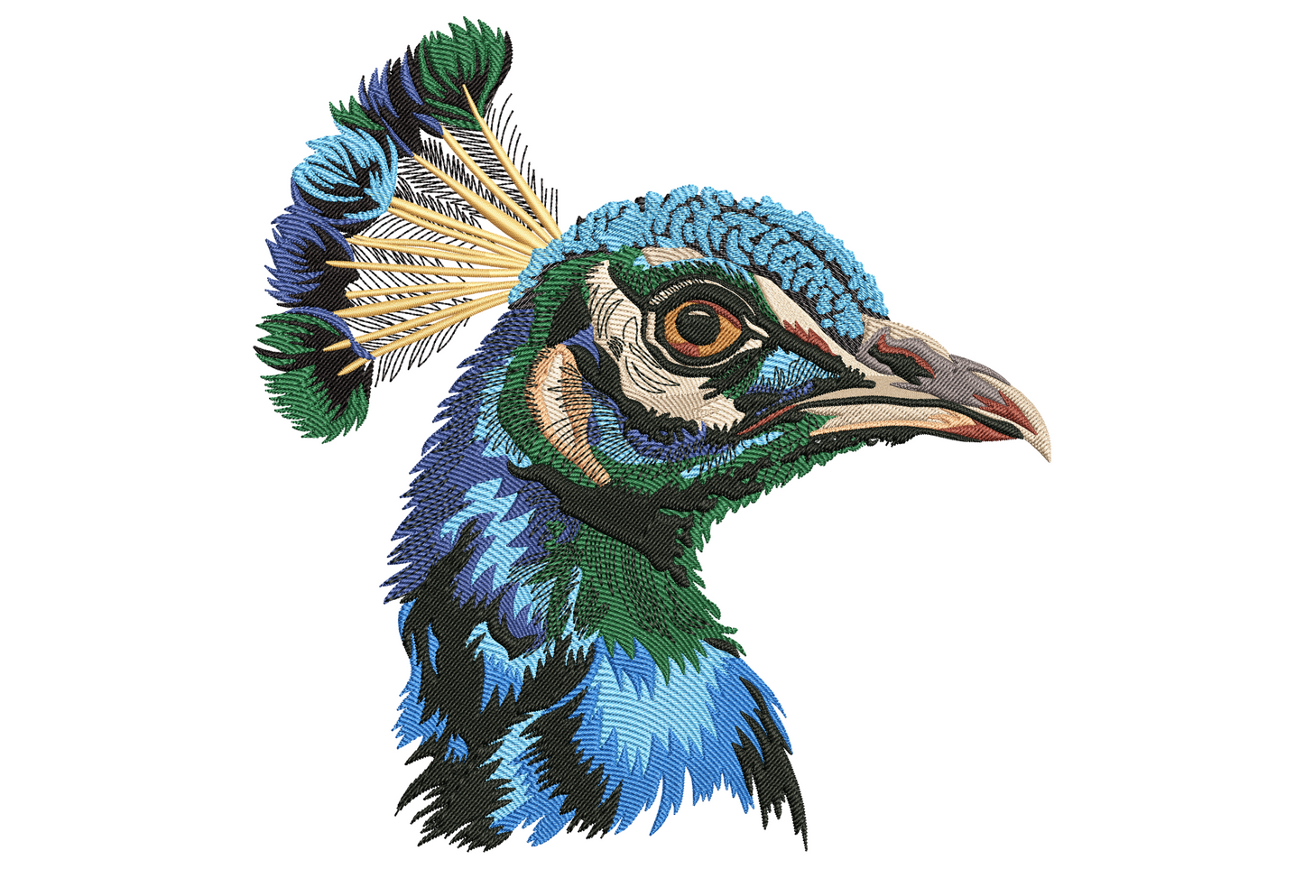 Peacock head profile embroidery, cobalt neck, teal emerald crown, gold crest, amber eye, coral beak edge, royal bird