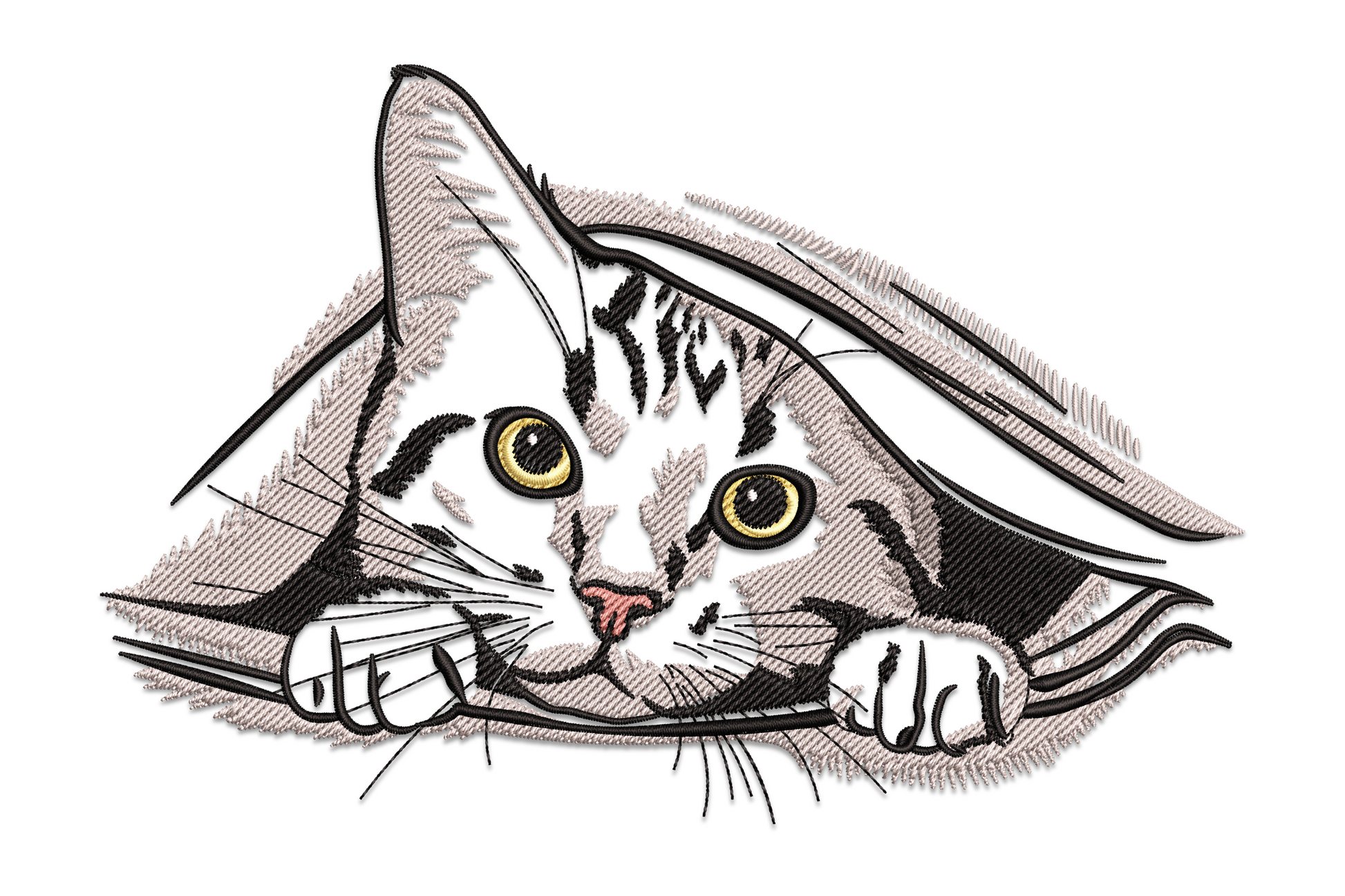 Embroidery design of a tabby cat peeking under a blanket edge, golden eyes staring forward, both paws visible, grey and black markings, 7 colors