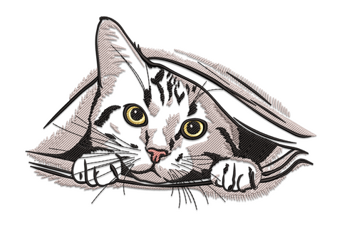 Embroidery design of a tabby cat peeking under a blanket edge, golden eyes staring forward, both paws visible, grey and black markings, 7 colors