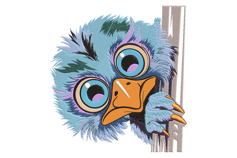 Cartoon peeking bird embroidery design, googly eyes and fluffy teal feathers around a tree trunk