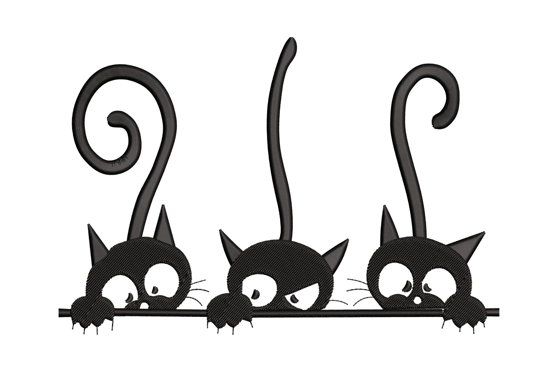 Embroidery border design of three peeking black cats hanging over a ledge with round eyes, whiskers and curled tails