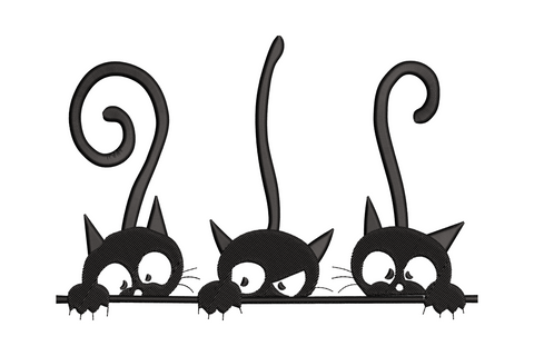 Embroidery border design of three peeking black cats hanging over a ledge with round eyes, whiskers and curled tails