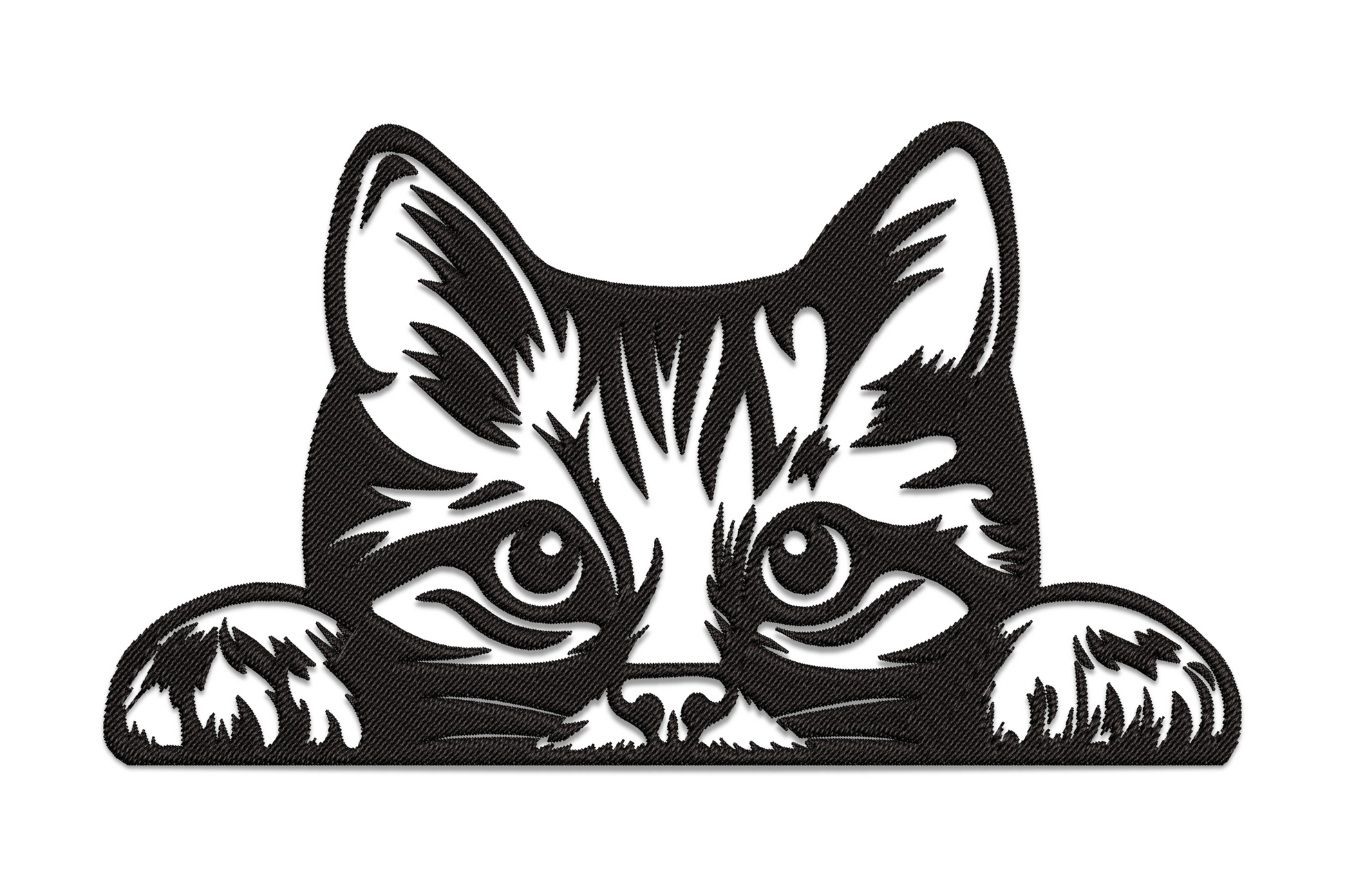 Peeking cat embroidery design, cat face peeking over edge with wide eyes and whiskers, single colour tall narrow design, 5 sizes 1.99 to 4.25 inches wide