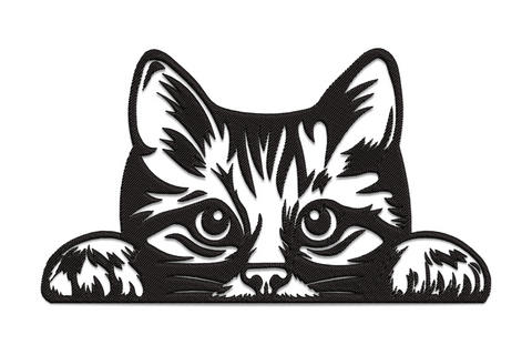 Peeking cat embroidery design, cat face peeking over edge with wide eyes and whiskers, single colour tall narrow design, 5 sizes 1.99 to 4.25 inches wide