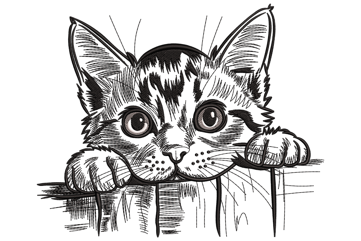 Peeking cat machine embroidery design, three colours, grey and white cartoon cat peering over a ledge, wide curious eyes, 3.5 to 7.5 inch sizes.