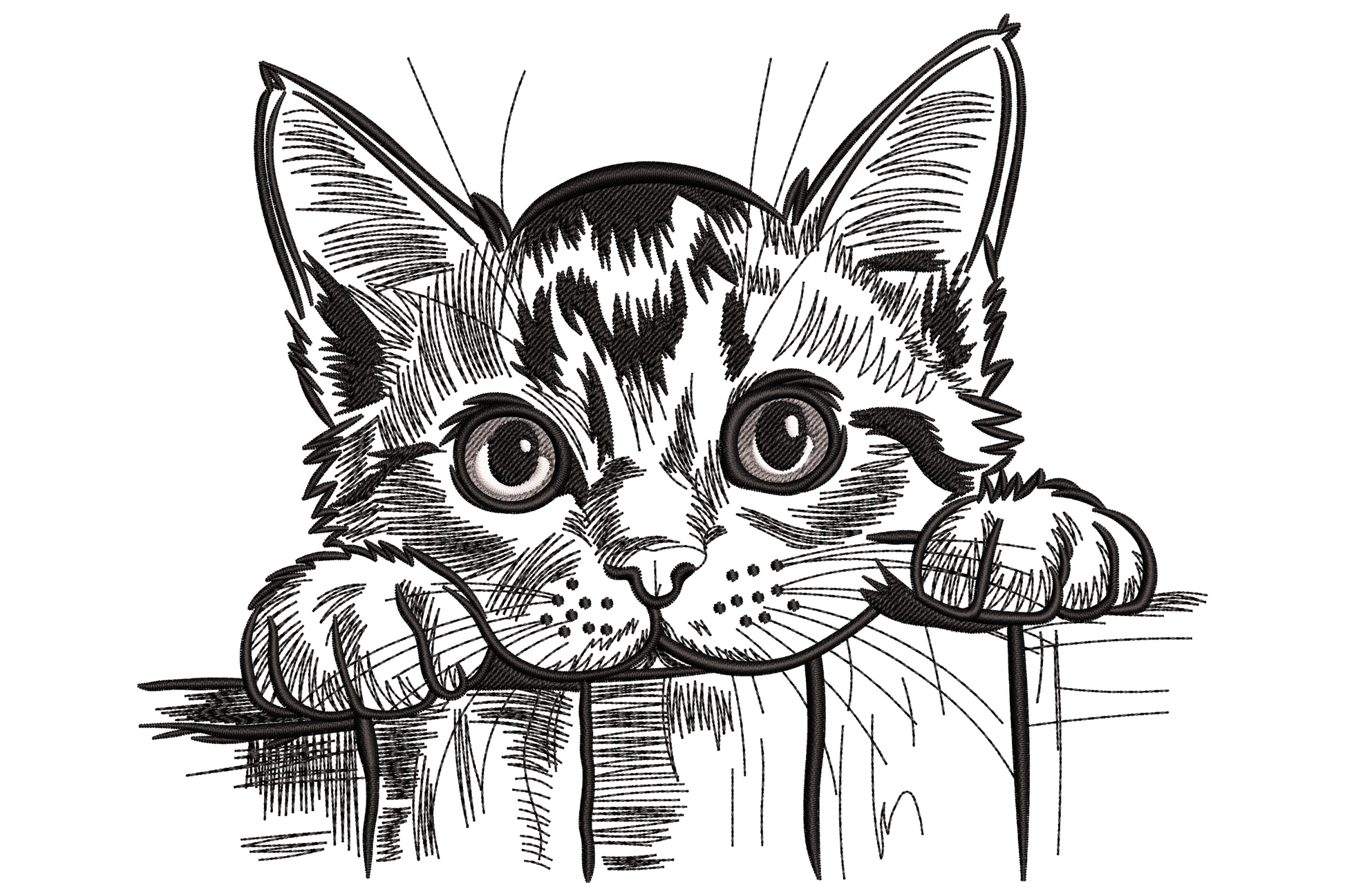 Peeking cat machine embroidery design, three colours, grey and white cartoon cat peering over a ledge, wide curious eyes, 3.5 to 7.5 inch sizes.