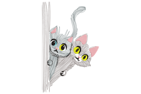 Machine embroidery of two cats peeking up with big eyes and ear tips showing, 6 colours, nine sizes