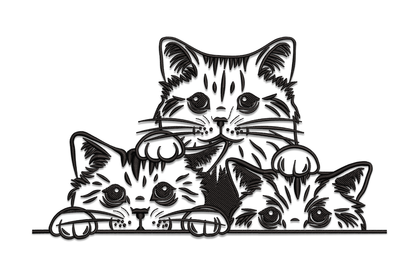 Peeking cats trio embroidery with three tabby kittens peering over a ledge in black line art, tiger-stripe fur detail and big round eyes.