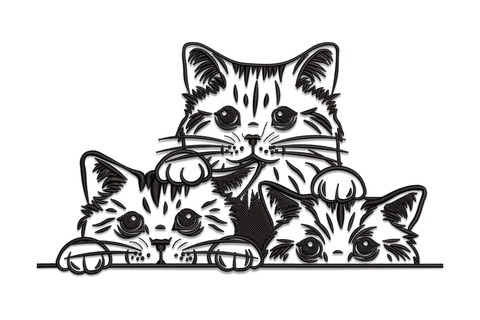 Peeking cats trio embroidery with three tabby kittens peering over a ledge in black line art, tiger-stripe fur detail and big round eyes.