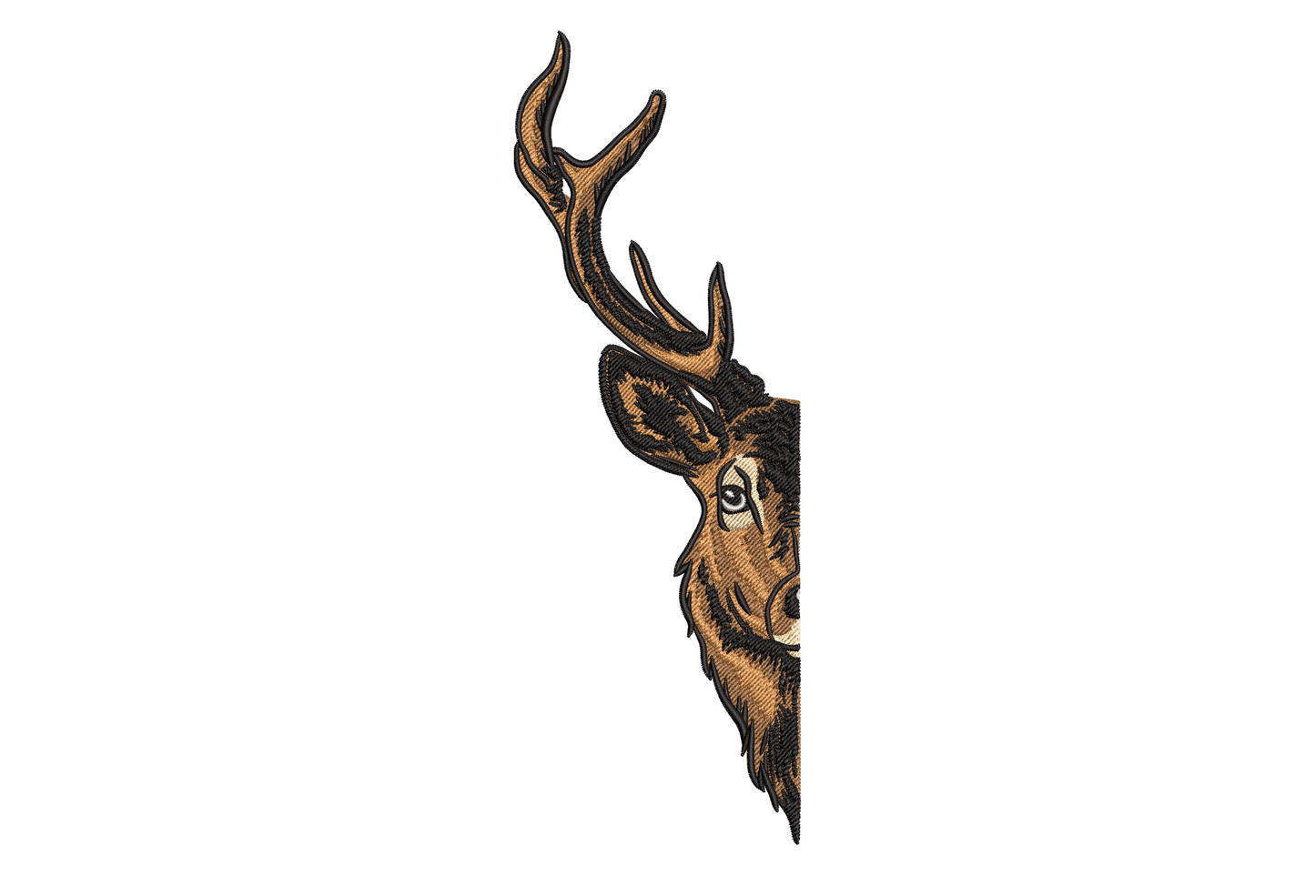Peeking deer head machine embroidery design, woodland deer face with tall antlers in tan and brown on denim fabric