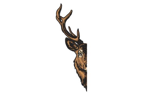 Peeking deer head machine embroidery design, woodland deer face with tall antlers in tan and brown on denim fabric