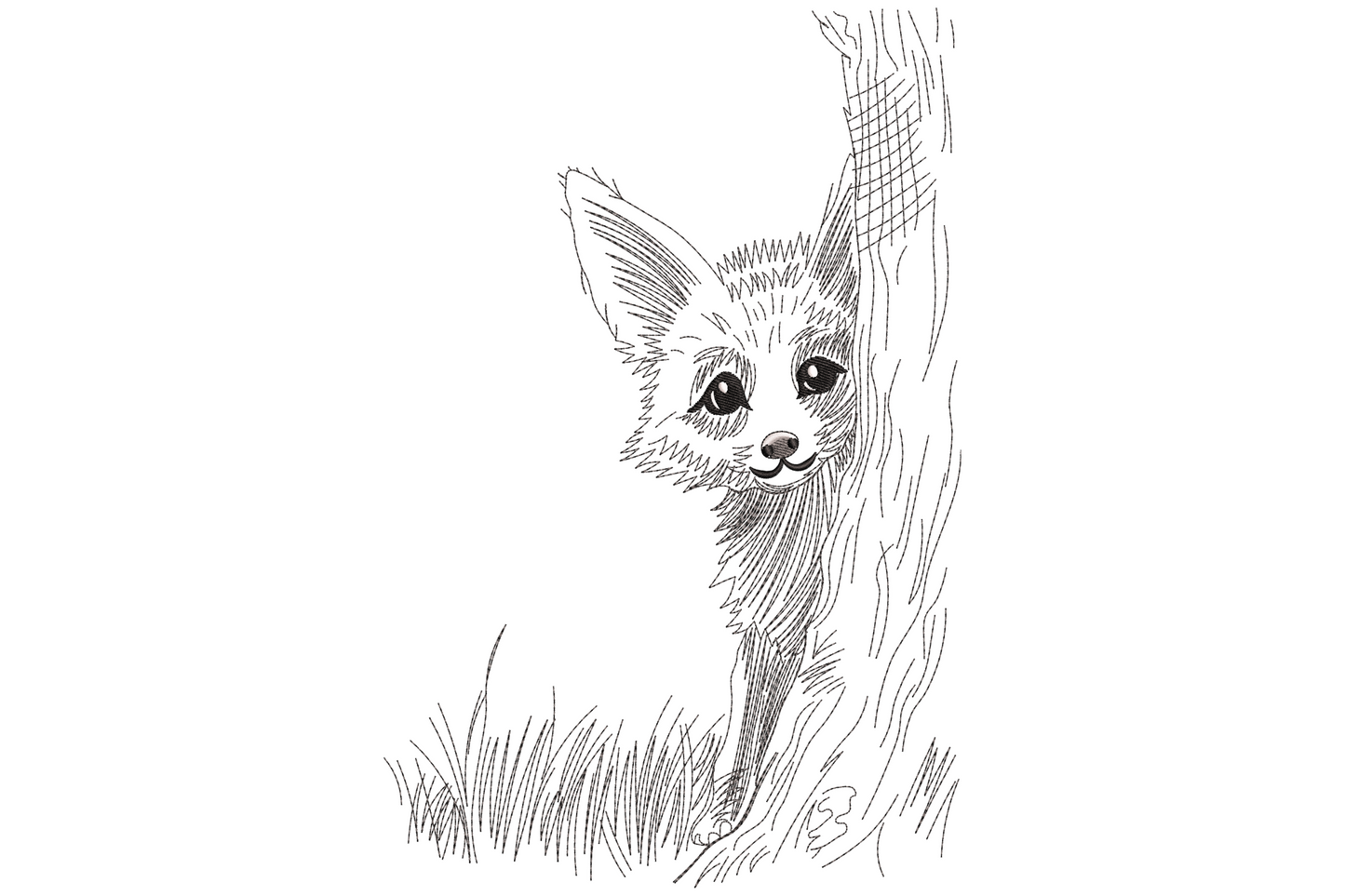 Peeking fox embroidery sketch design, fox kit beside a tree trunk with crosshatch fur, 4 colours on cream background.