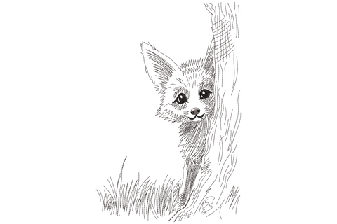 Peeking fox embroidery sketch design, fox kit beside a tree trunk with crosshatch fur, 4 colours on cream background.