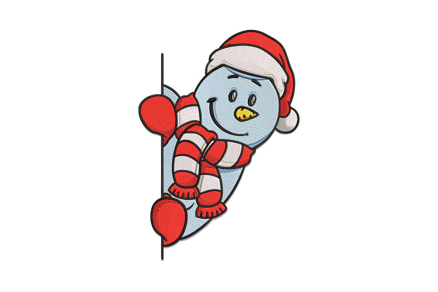 Peeking snowman embroidery with red Santa hat, striped scarf, earmuffs, 10 colors, cartoon style
