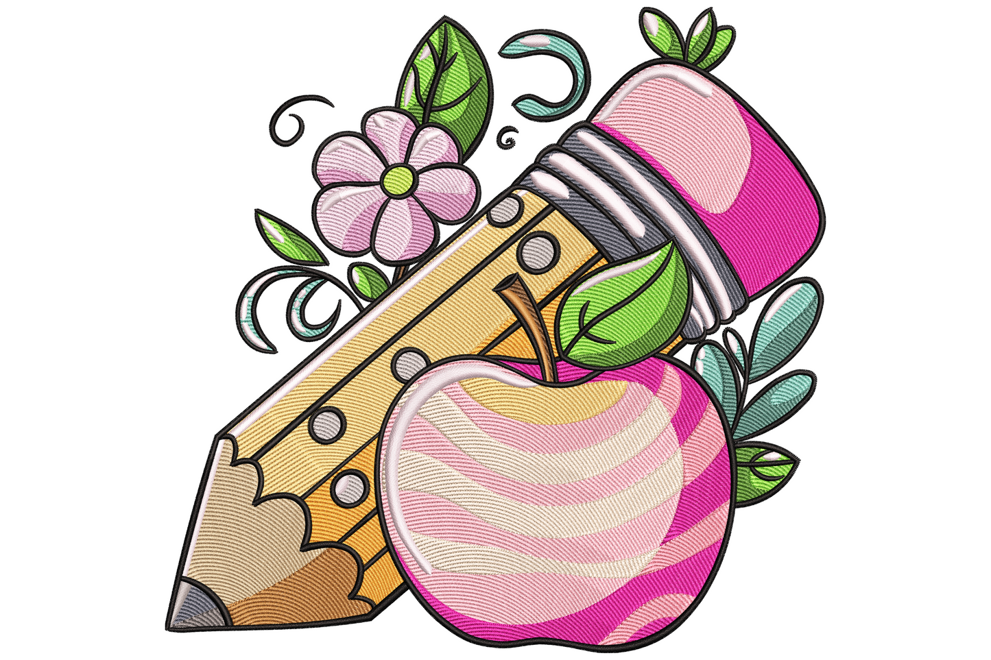 Pencil apple and flowers embroidery design with chunky yellow pencil, pink striped apple, daisy and green curling leaves on white.