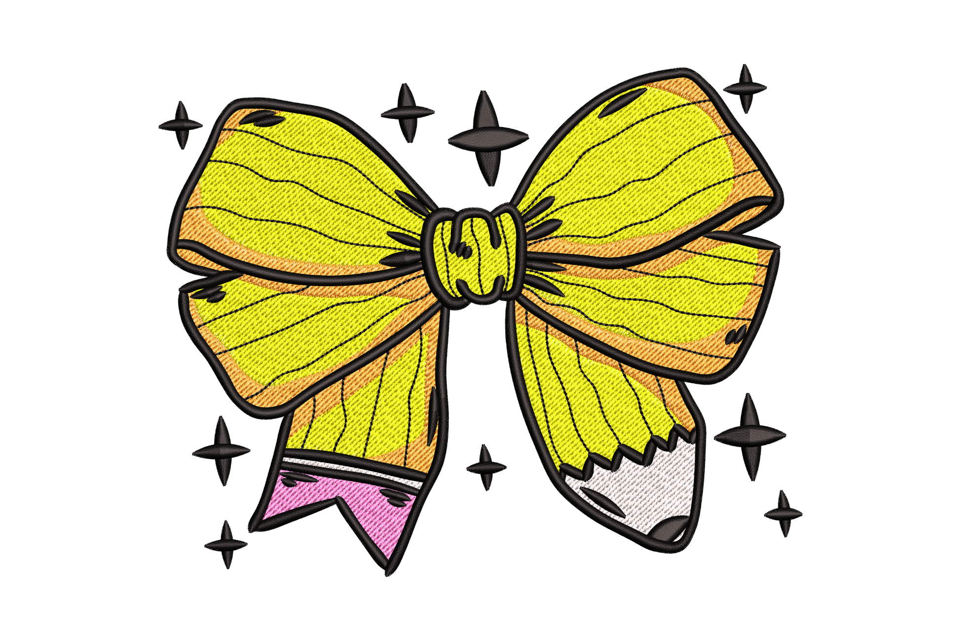 Pencil bow embroidery design with oversized yellow and orange bow built from a pencil shape with pink eraser and sparkle star accents.