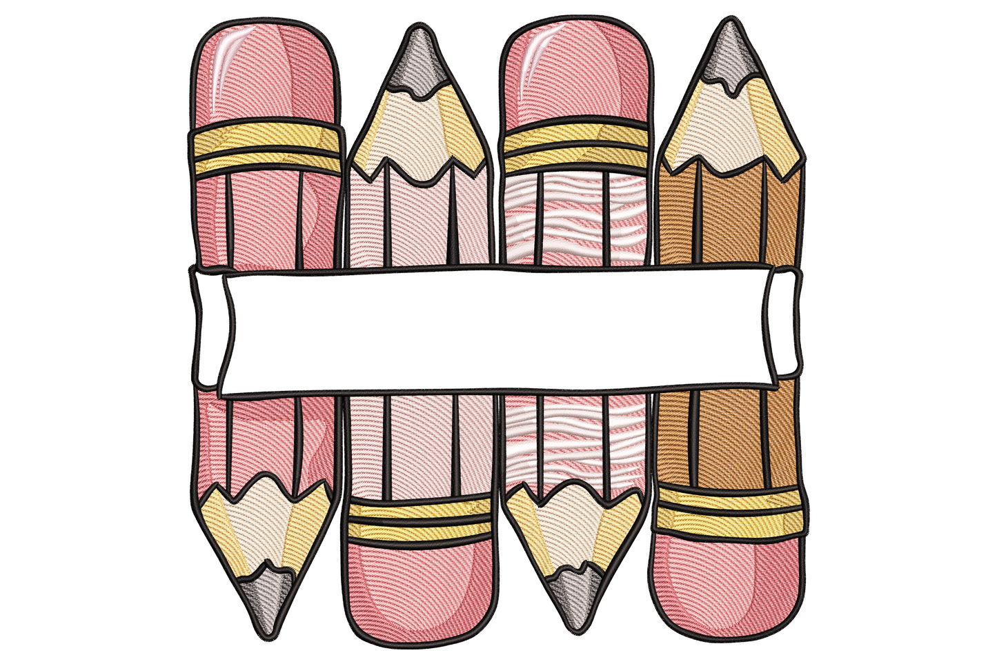 Pencil frame embroidery split monogram, eight pink wood pencils stacked top and bottom, blank white banner across centre