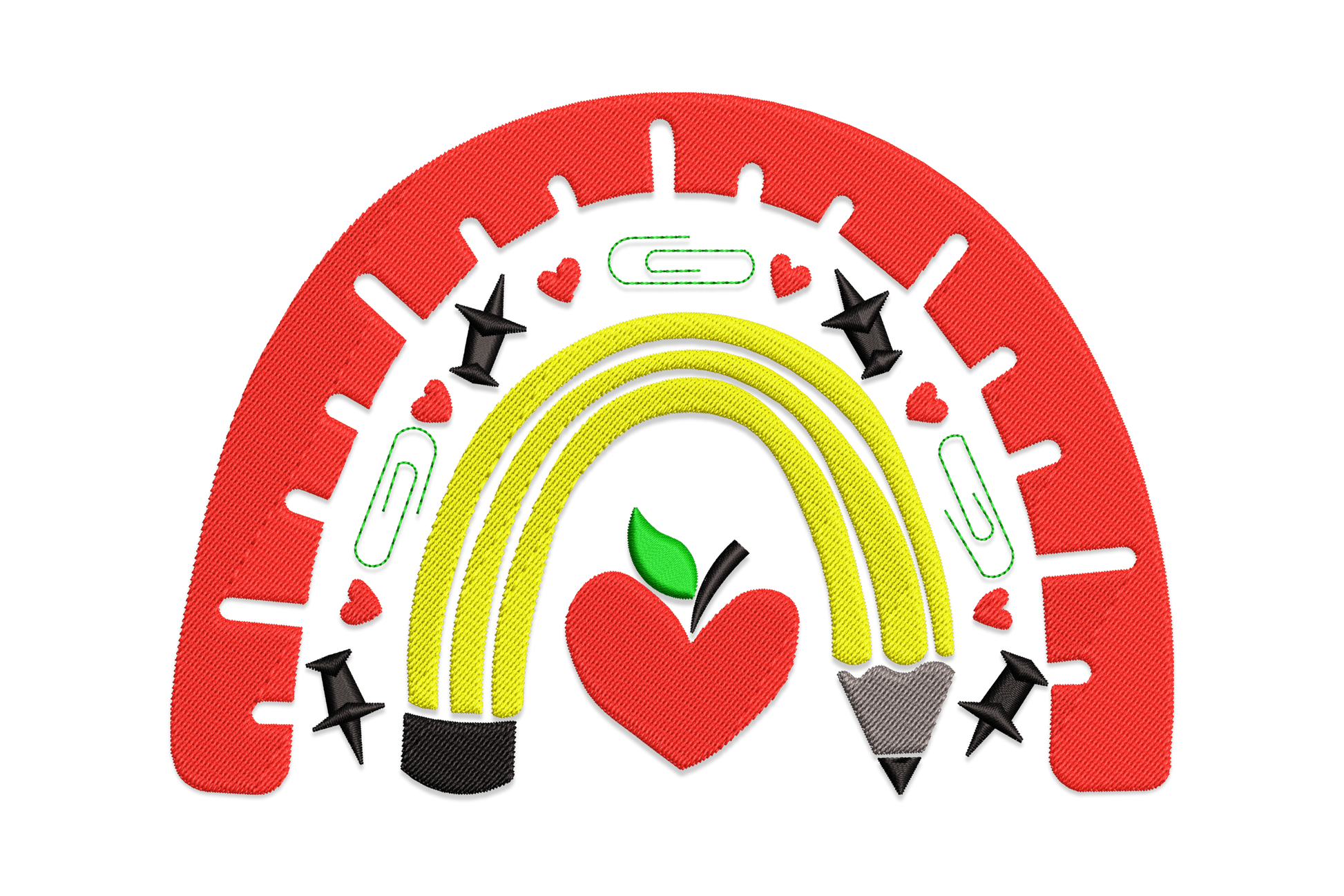 School supplies rainbow embroidery with red ruler outer arch, yellow pencil inner arcs, heart-shaped red apple at centre, push pins and green paper clips.