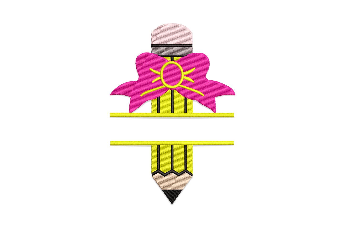 Pencil with bow split monogram embroidery design, vertical yellow pencil with large hot pink bow tied at centre, open gap for name personalisation.