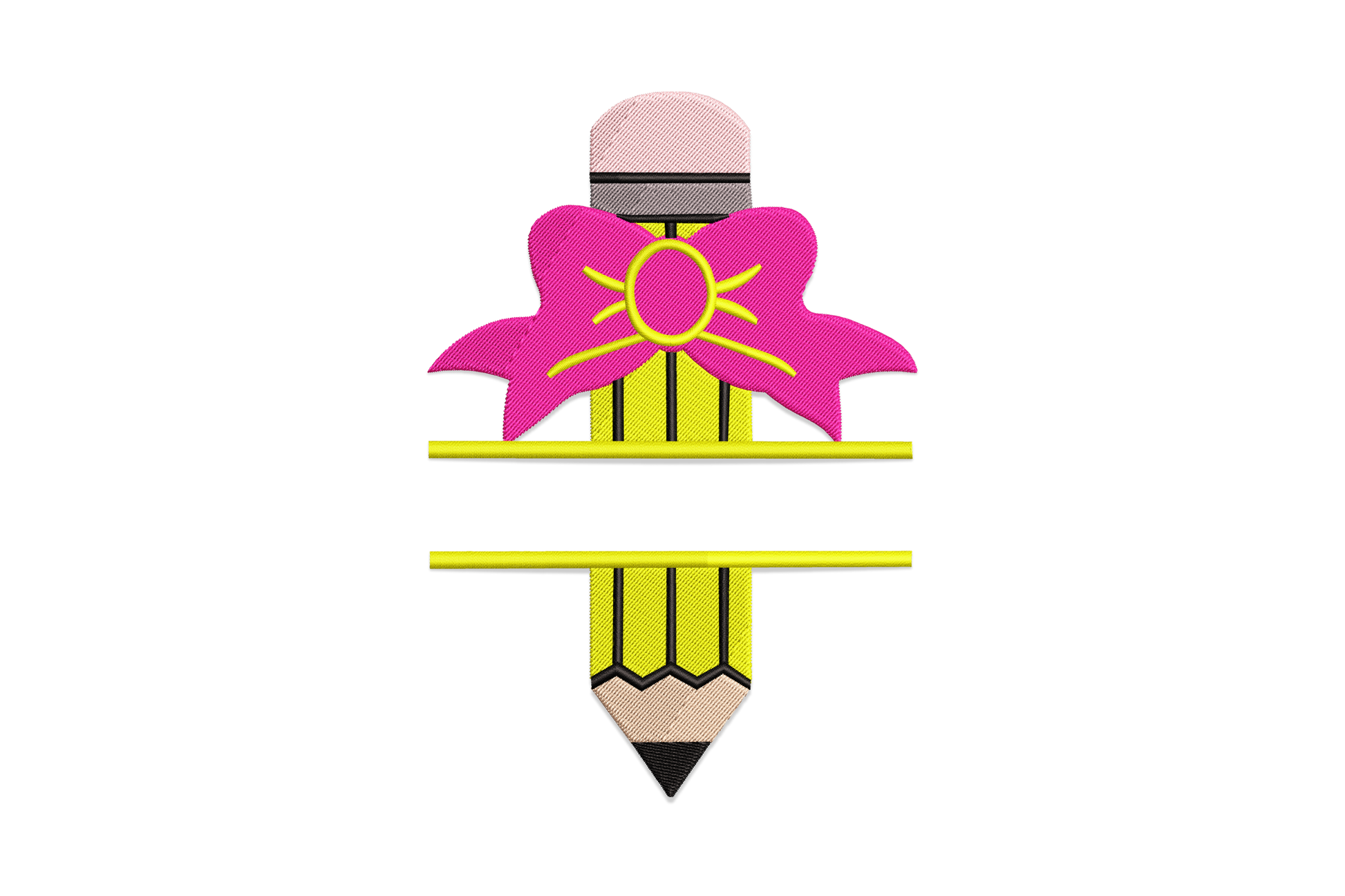 Pencil with bow split monogram embroidery design, vertical yellow pencil with large hot pink bow tied at centre, open gap for name personalisation.