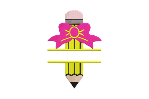 Pencil with bow split monogram embroidery design, vertical yellow pencil with large hot pink bow tied at centre, open gap for name personalisation.