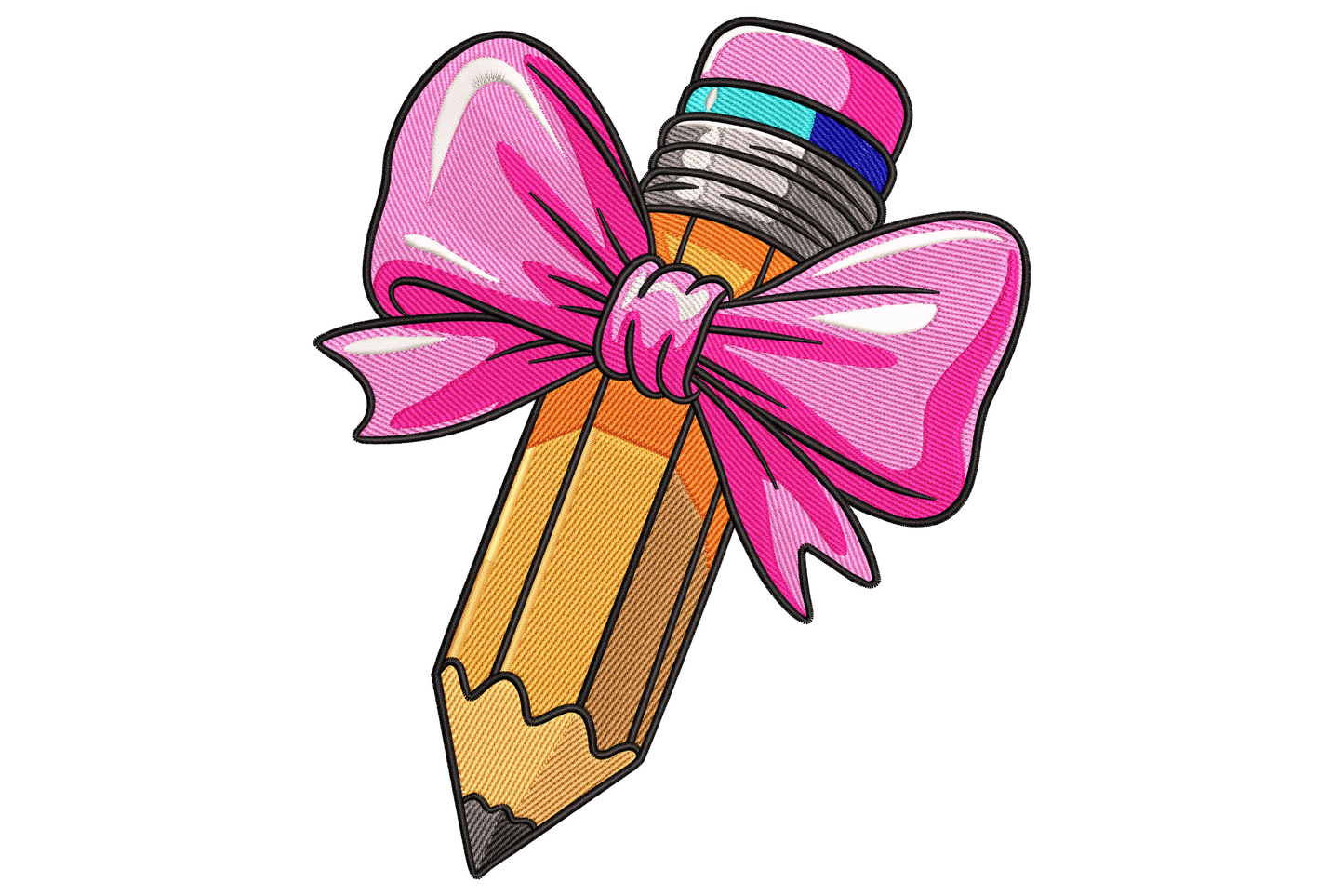 Pencil with pink bow embroidery, wooden pencil tied with a chunky hot pink ribbon at the silver ferrule end.
