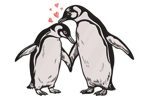Two hand-sketched penguins with flippers touching beneath three small red hearts, ink style with crosshatch shading on black bodies and white bellies