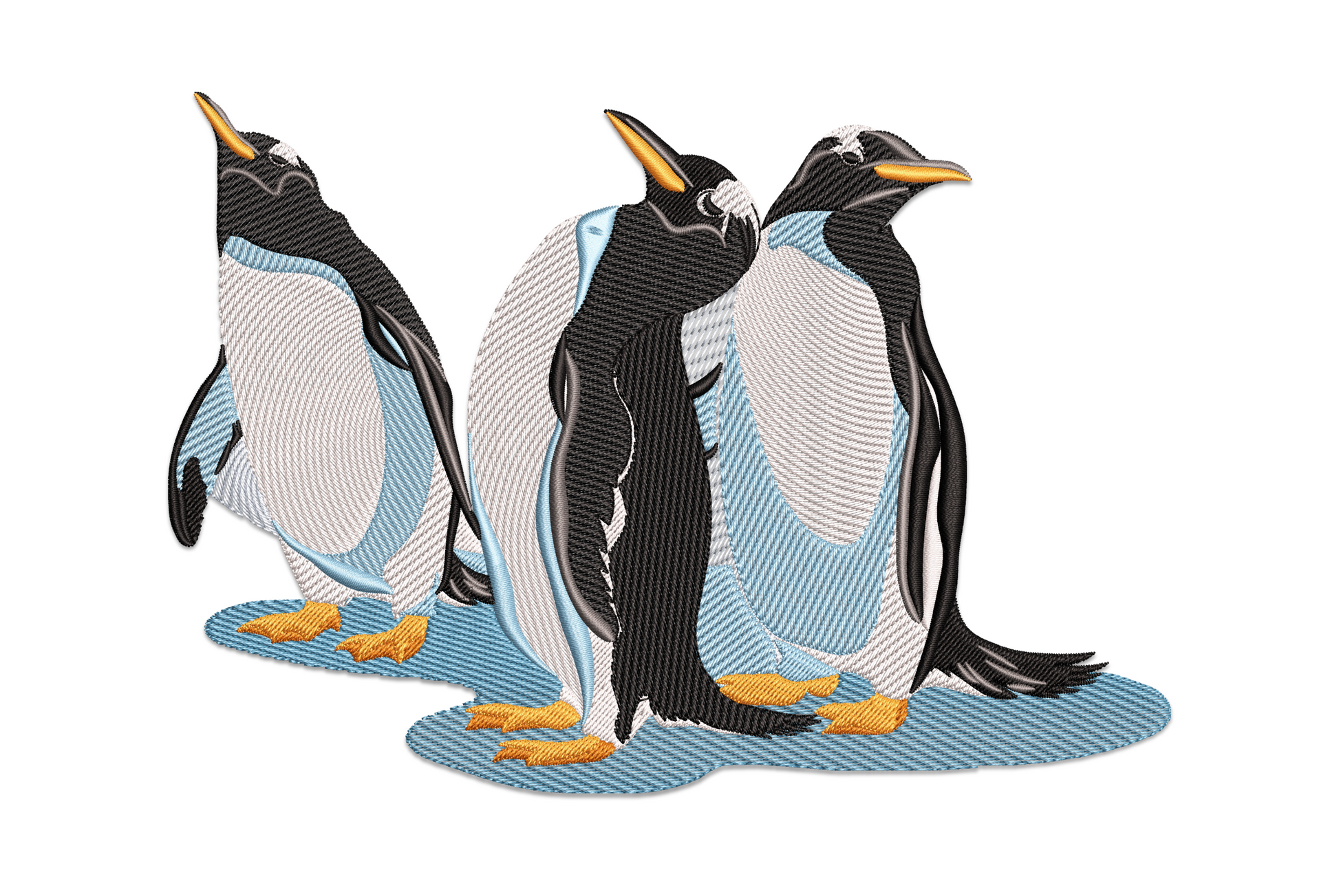 Penguin family embroidery, three gentoo penguins on pale blue ice, white chests, black backs and orange beaks, naturalistic style.