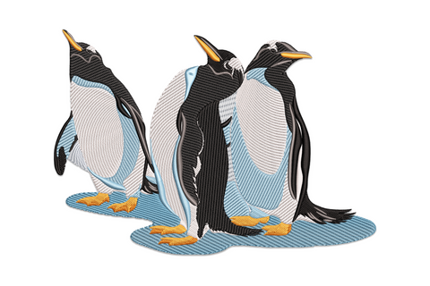 Penguin family embroidery, three gentoo penguins on pale blue ice, white chests, black backs and orange beaks, naturalistic style.