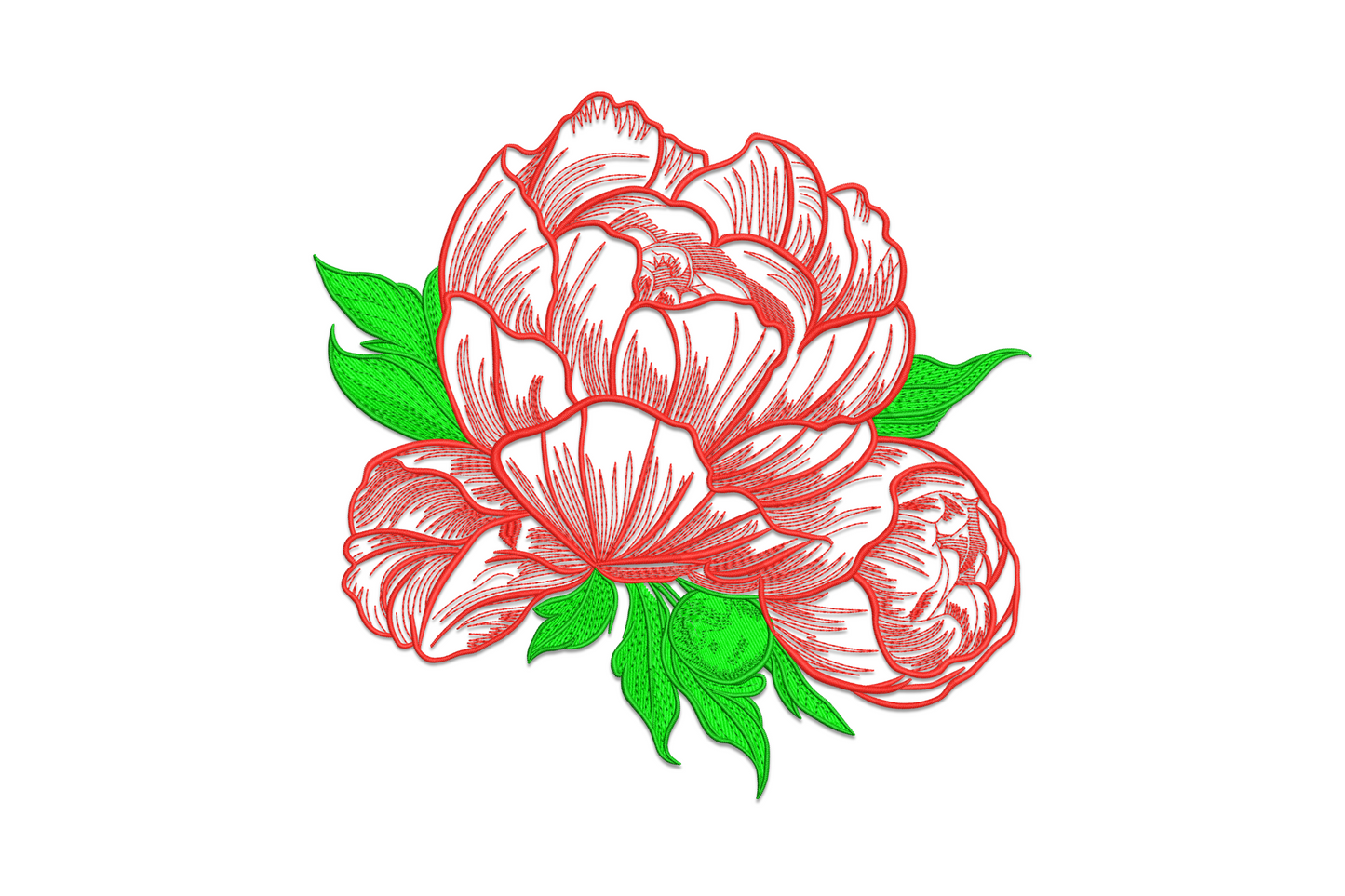 Peony flower line art machine embroidery design, clean botanical outline style, 5 sizes from 3.51 to 7.51 inches, 3 colours