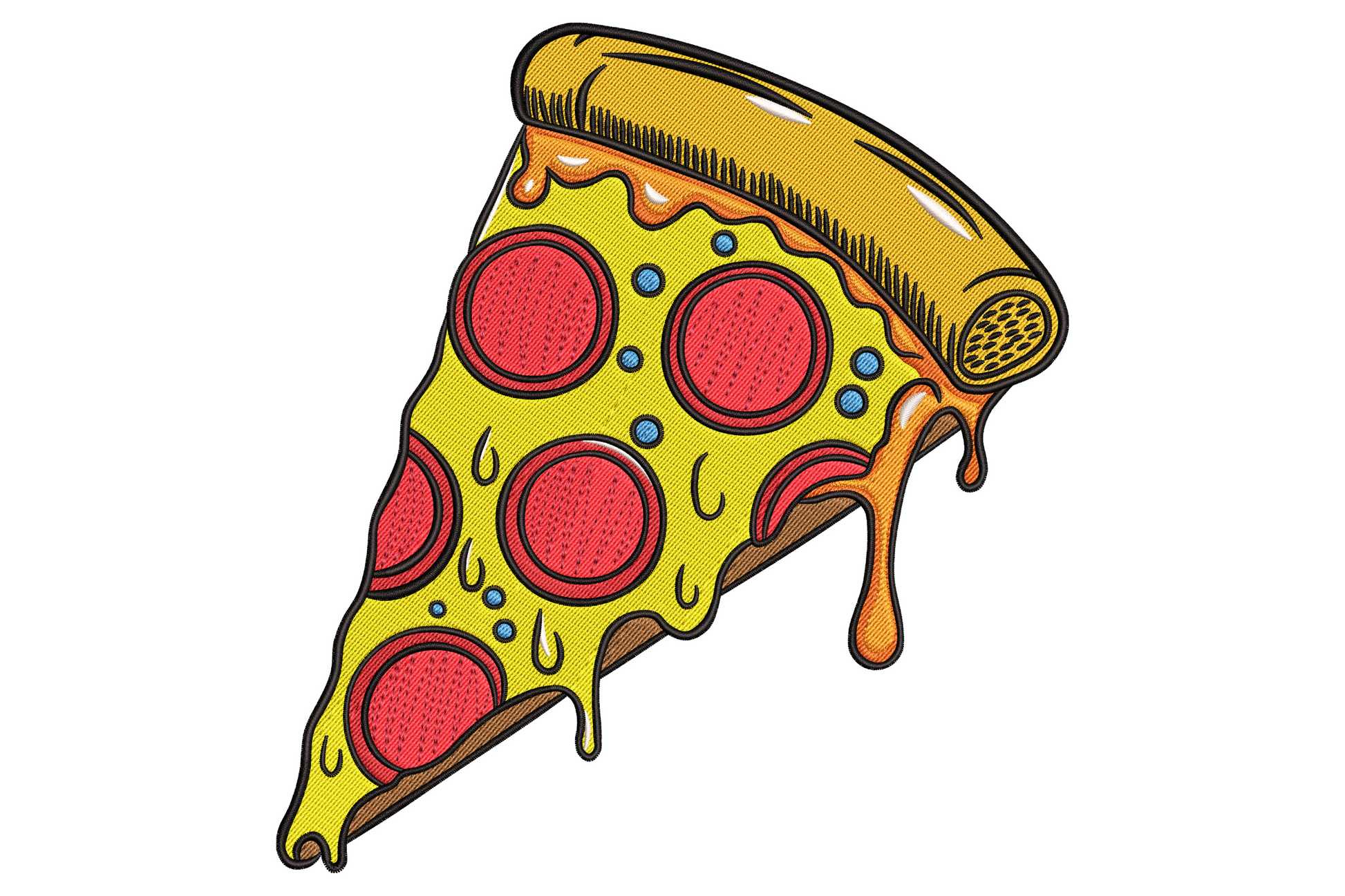 Pepperoni pizza slice embroidery design, triangular slice with five red pepperoni rounds dripping cheese and tan crust.