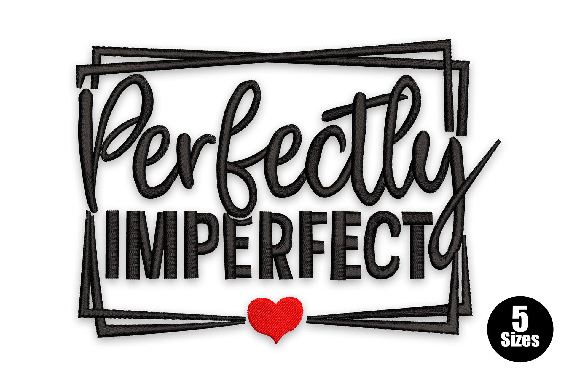 Perfectly imperfect quote embroidery design in hand-lettered cursive script stacked vertically, terracotta orange and sage green two-tone palette, portrait composition with curling letter tails.
