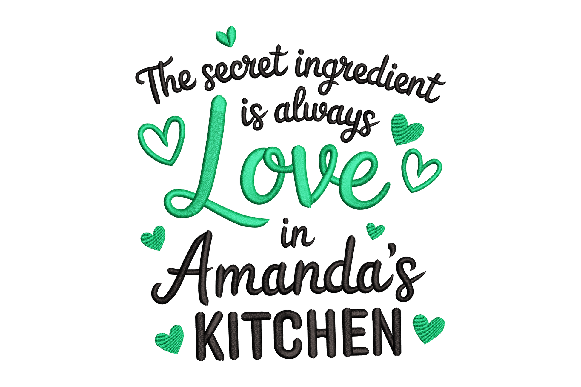 Text design with 'The secret ingredient is always love in Amanda's kitchen' on a white background