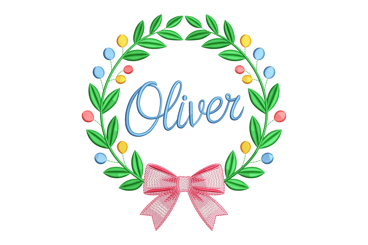 Embroidery design with the name 'Oliver' surrounded by green leaves and colorful berries on a white background.
