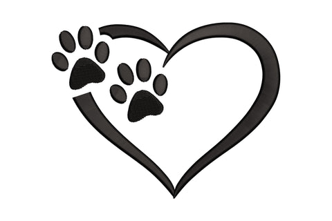 Pet love heart embroidery design with open outline heart and two overlapping paw prints in single black thread.